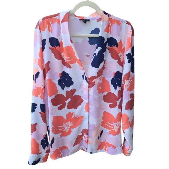 Halogen Tops - HALOGEN Navy Peach Abstract Print V Neck Long Sleeve Button Up Blouse 2X